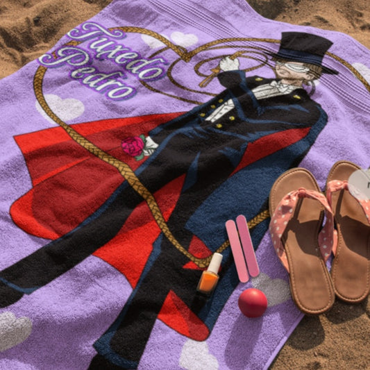 TUXEDO PEDRO PURPLE BEACH TOWEL